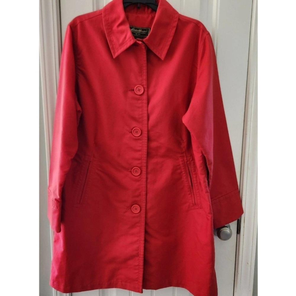 EDDIE BAUER Red Trench Coat Shell Jacket Button Front Vintage Style Womens Small